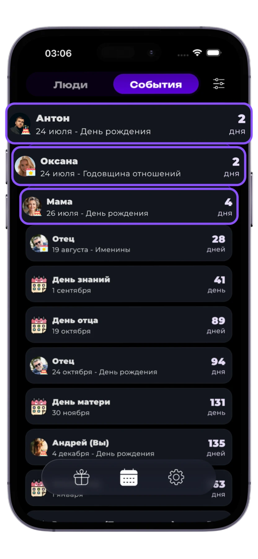 Календарь событий в GIFTbase: дни рождения и годовщины с отсчётом дней