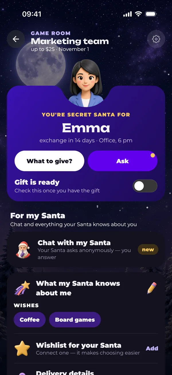 Screen after the draw: recipient, budget, chat