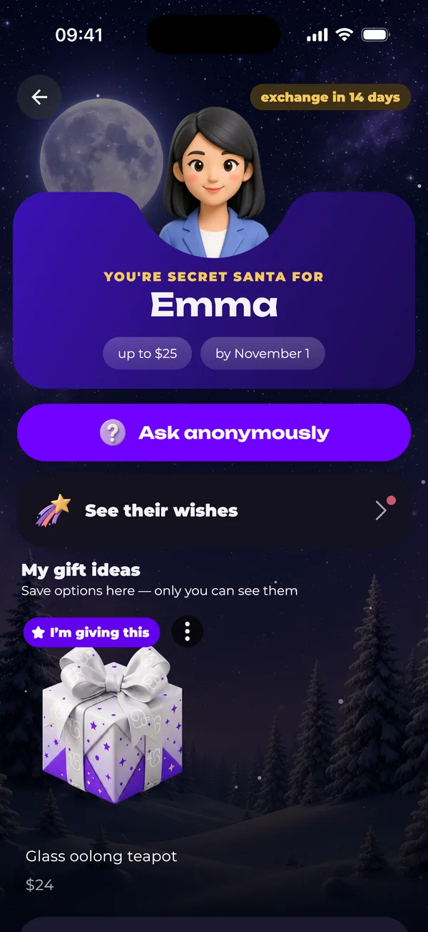 Recipient screen: ask anonymously, wishes, gift ideas