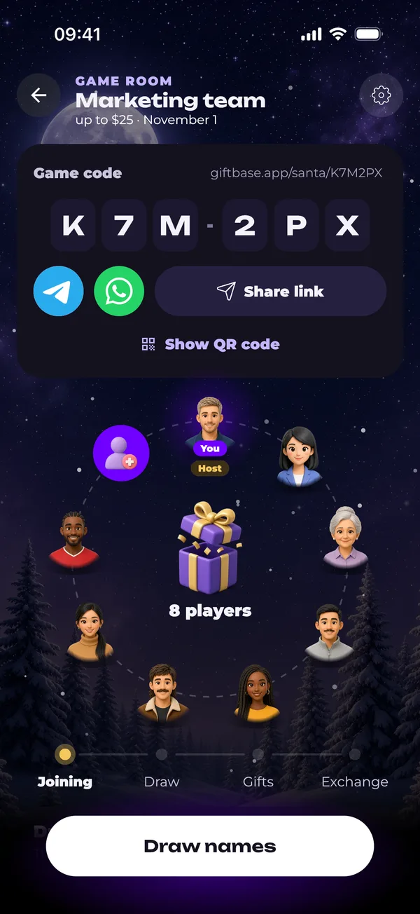 Game room with a code, share buttons and a QR code