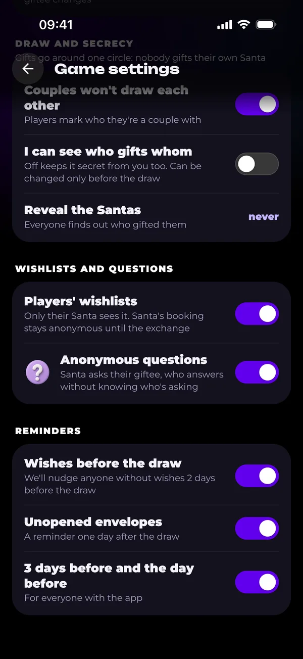 Game settings: reminders
