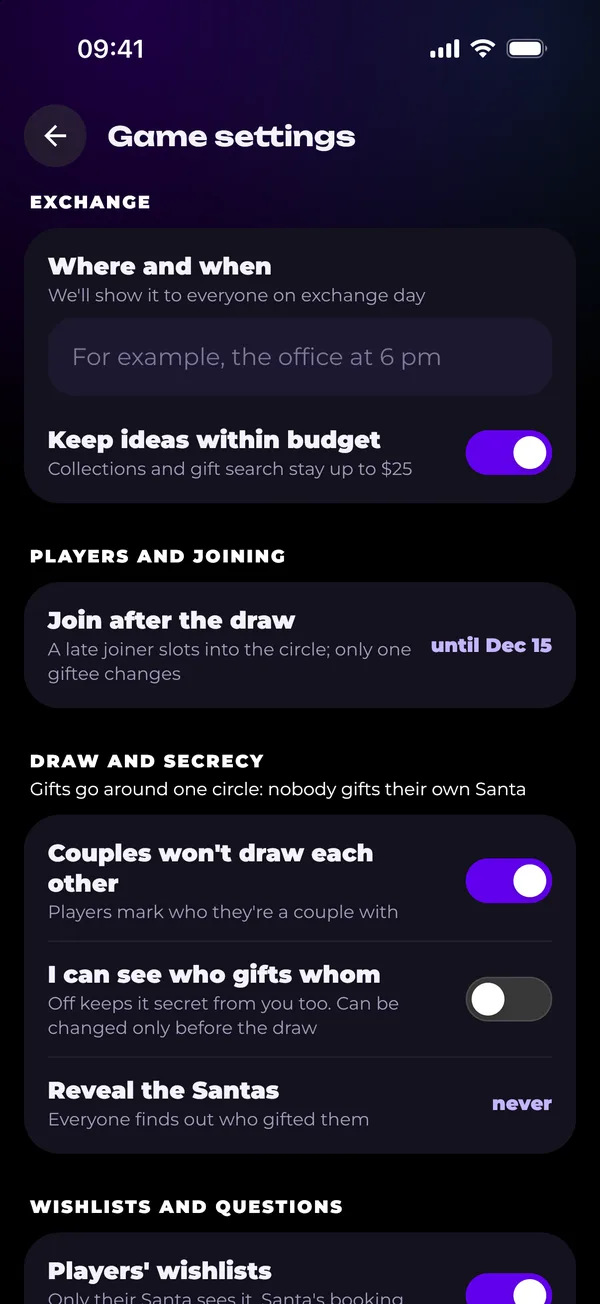 Game settings: joining after the draw, couples, secrecy