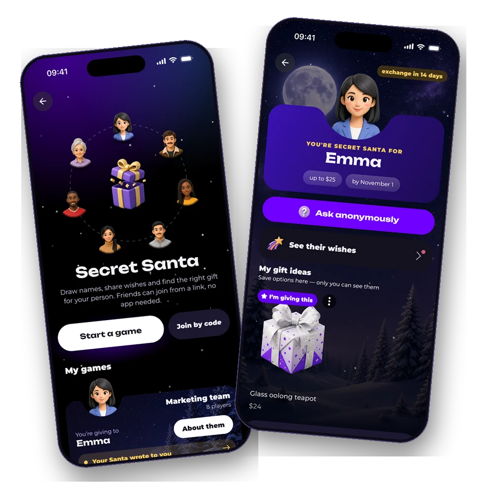Office Secret Santa in the GIFTbase app: My games and a recipient screen