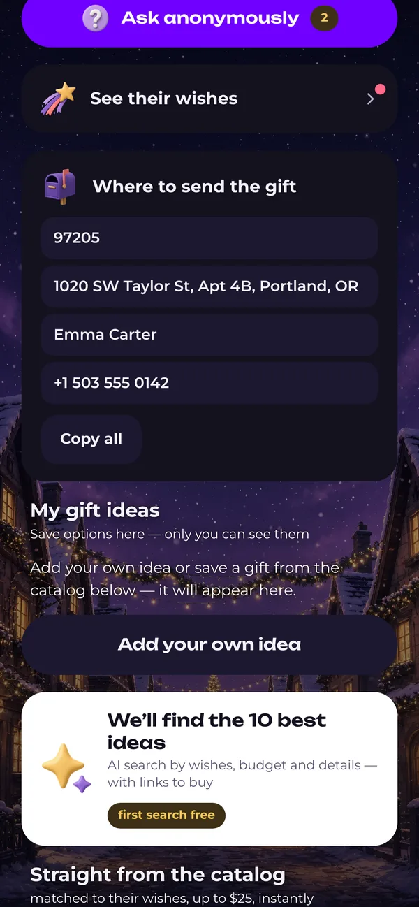 Recipient's address with a copy button