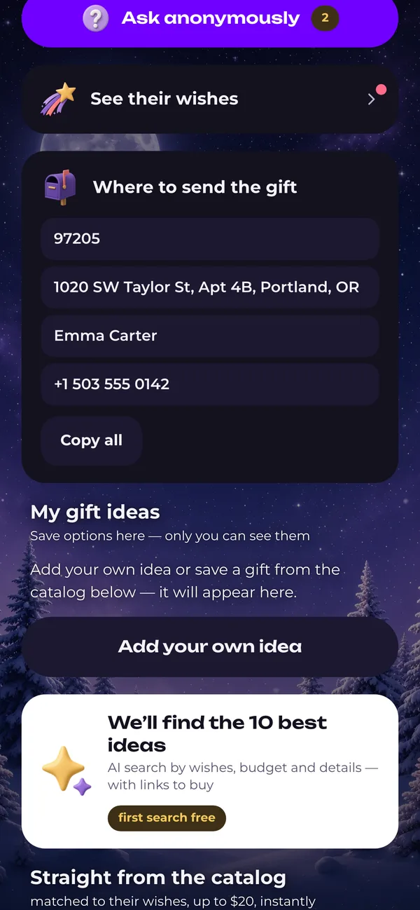 Where to send the gift: an address only the Secret Santa sees