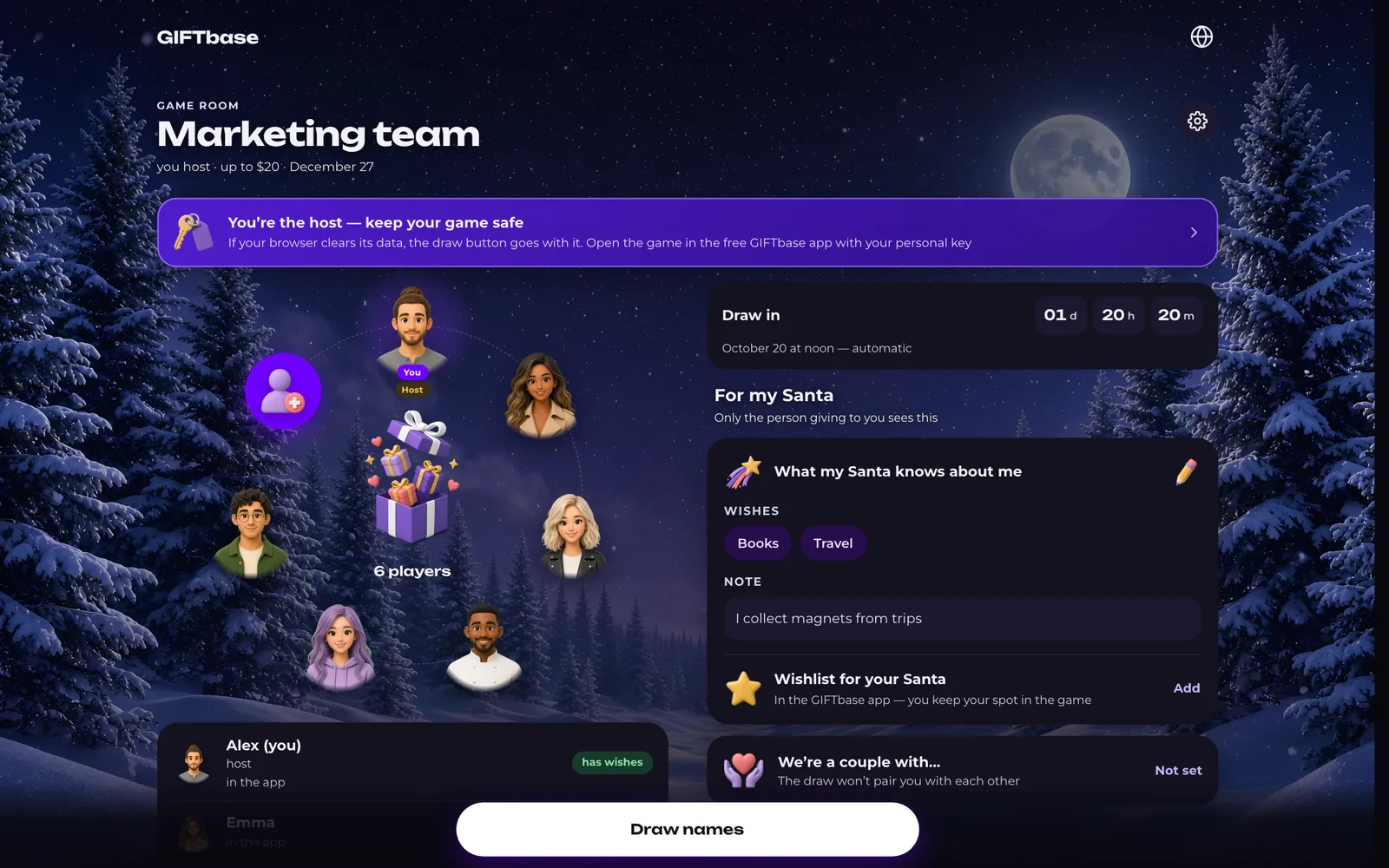 Secret Santa room in a browser on a laptop