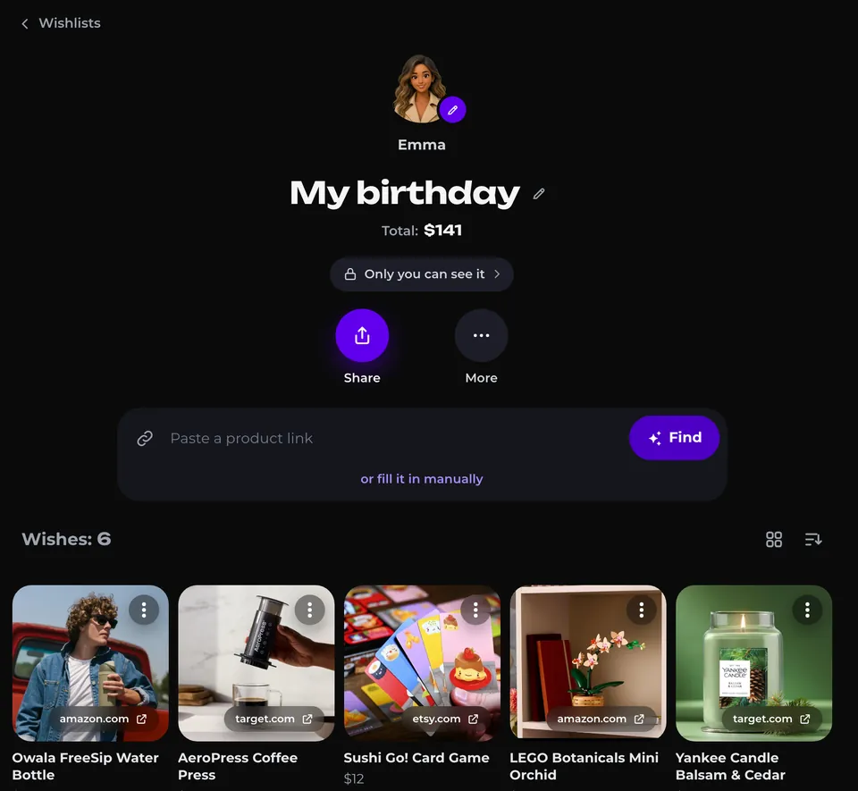 A wishlist on the GIFTbase website: wishes with photos, prices and store links